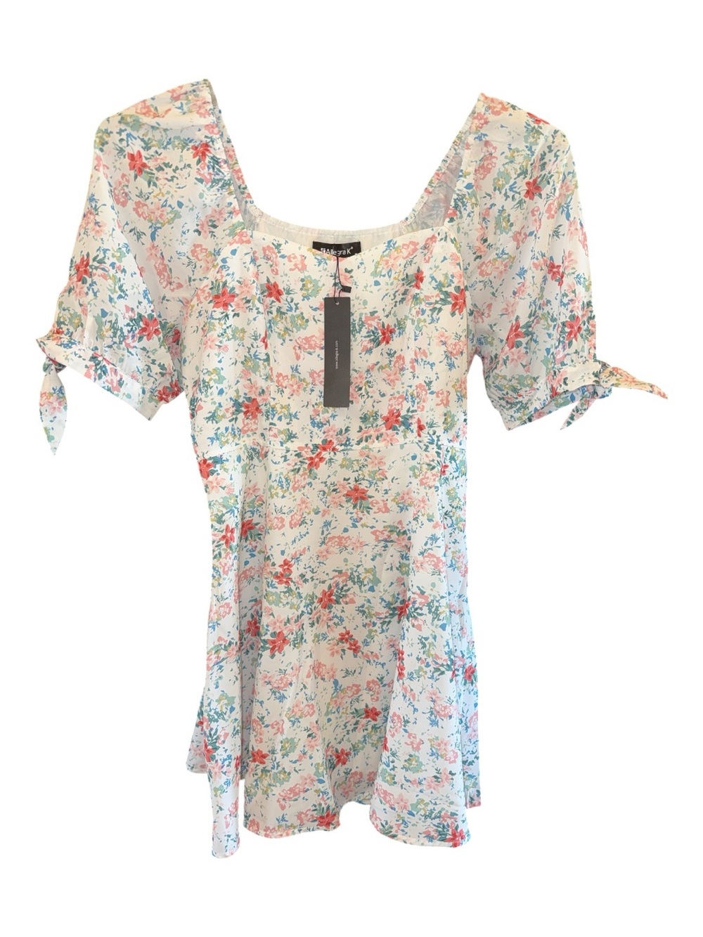 Allegra K White Floral Square-Neck Dress with Pink & Blue Blooms